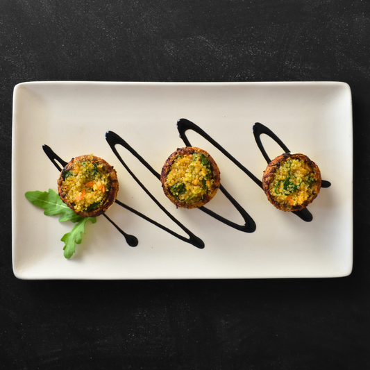 Setas portobello rellenas de quinoa y glaseadas con miso rojo