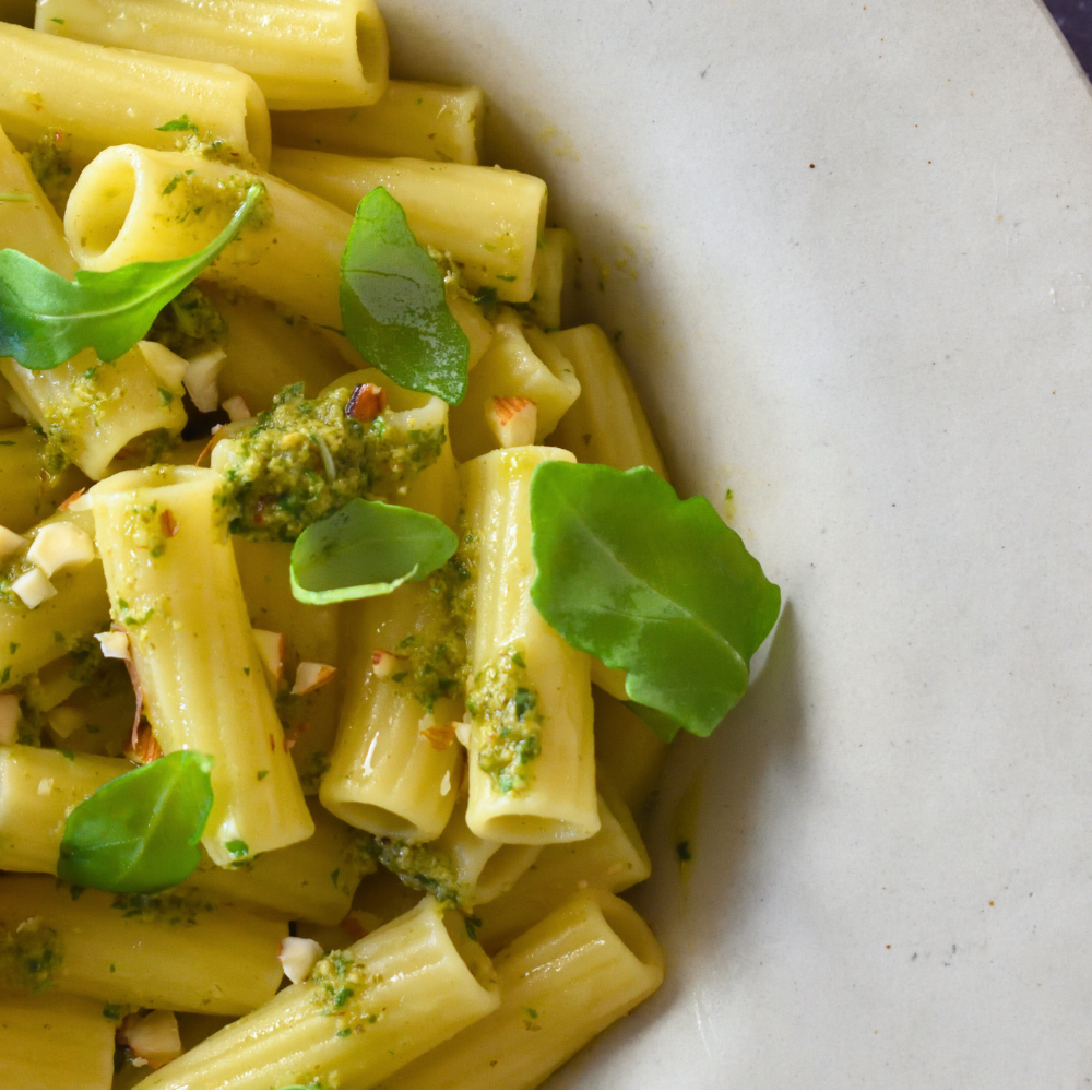 Rigatoni fresco con pesto de rúcula y avellanas